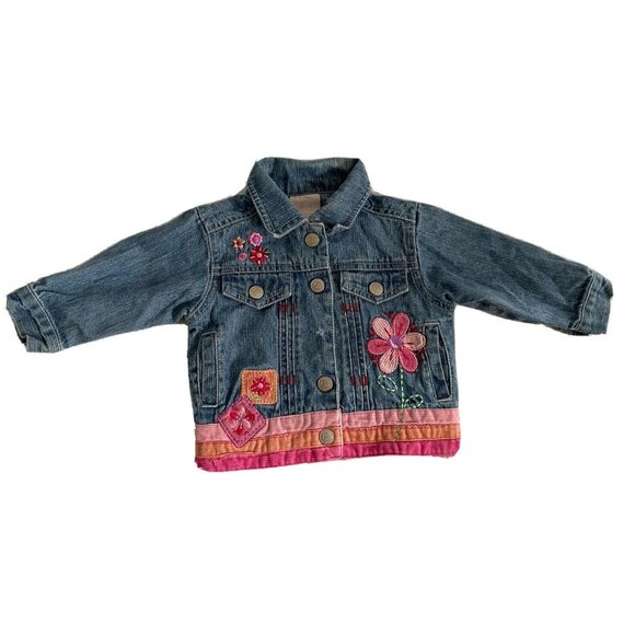 Jacket Coats Girls Jeans Blue Flowers Buttons Long Sleeves 100%Cotton Size 12M - Picture 1 of 12